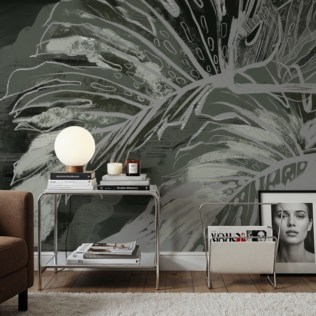 High Grunge Leaves Mural Wallpaper - Neutral Tone - room preview 03