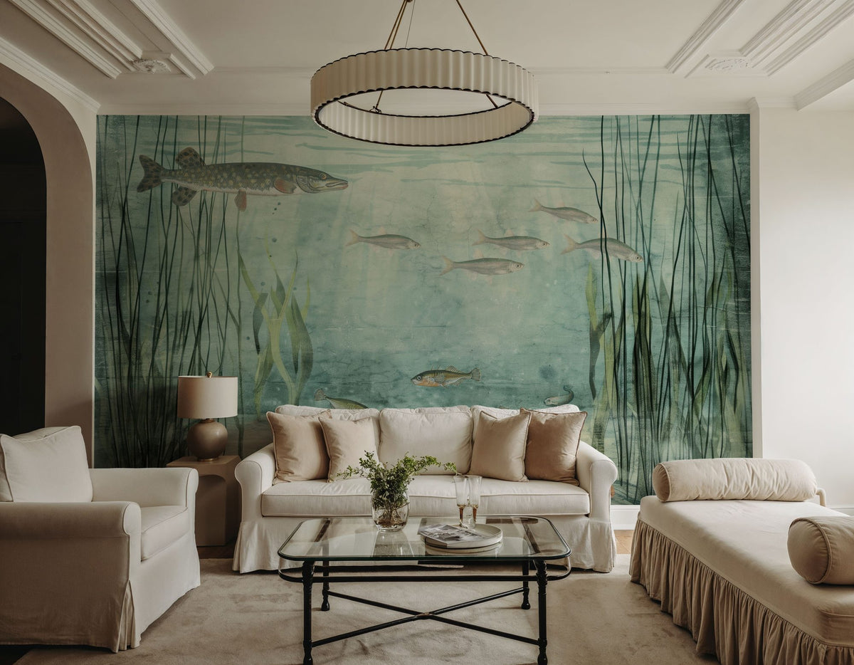 Lake Underwater Life with Pike, Light Mural Wallpaper - room preview 03