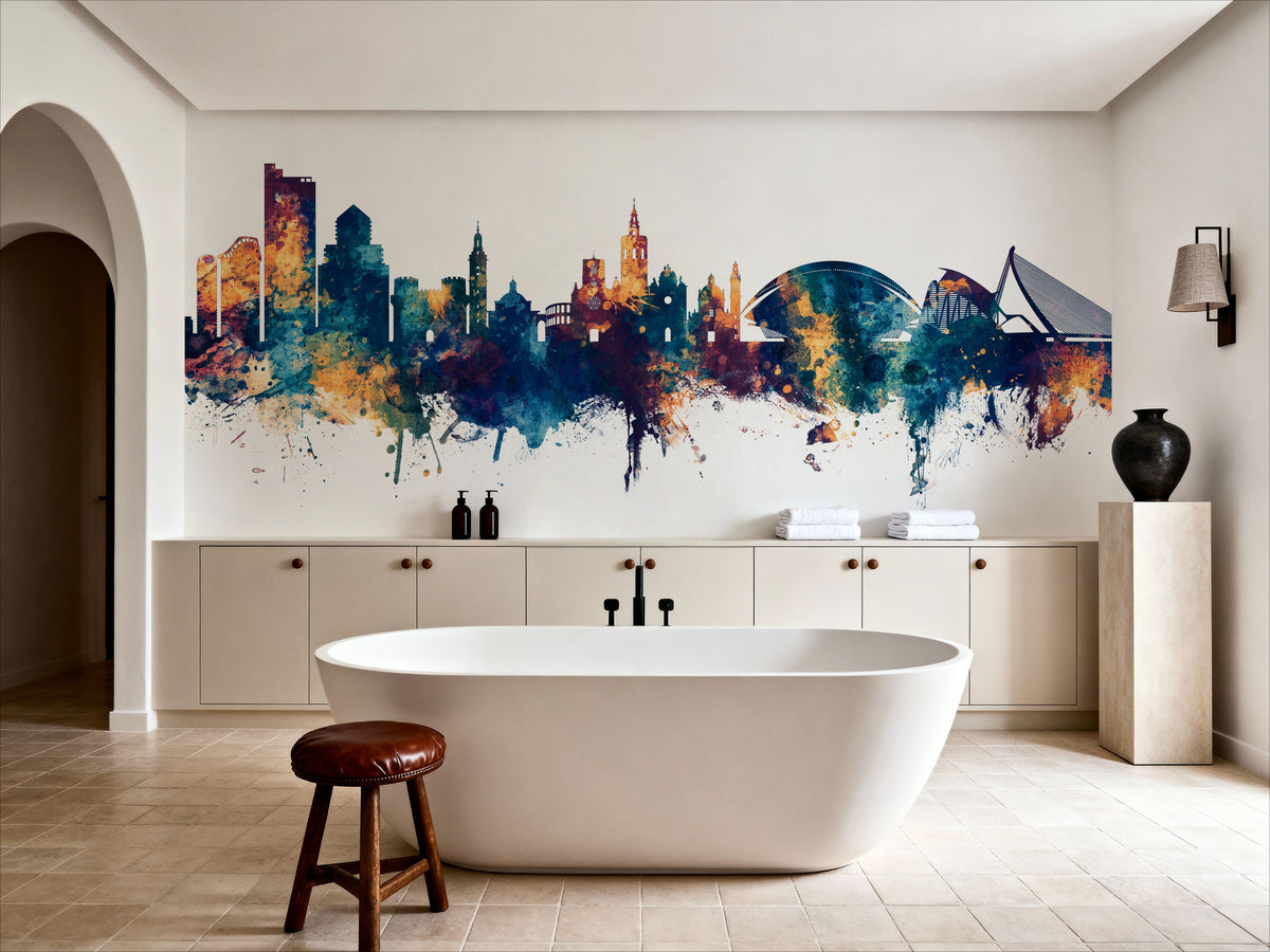 Valencia Spain Skyline Blue & Bronze Mural Wallpaper - room preview 03