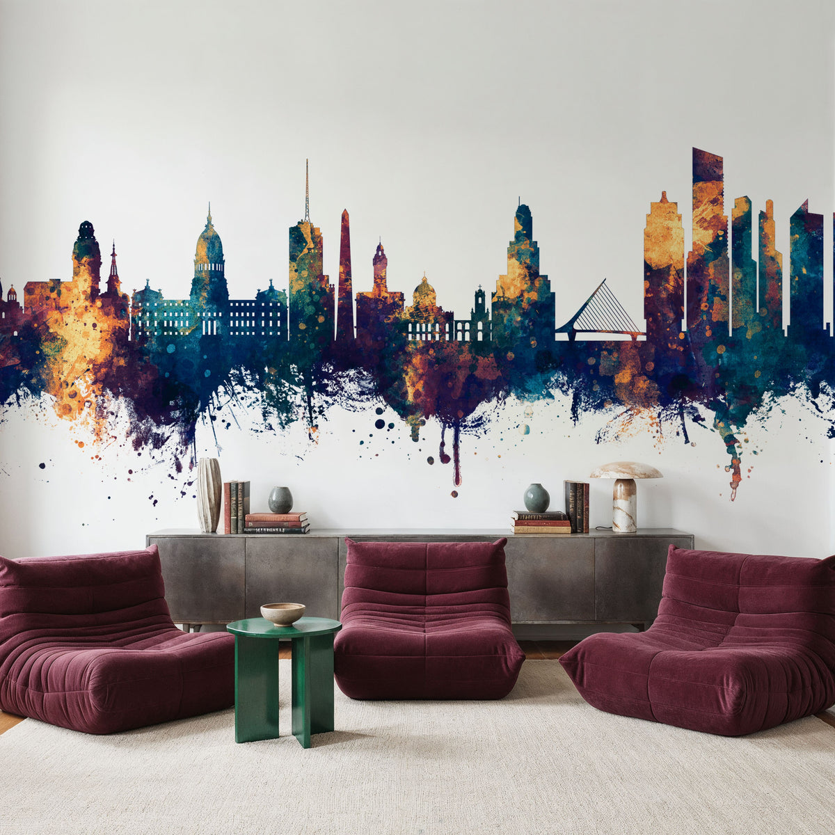 Buenos Aires Argentina Skyline Blue & Bronze Mural Wallpaper - room preview 03