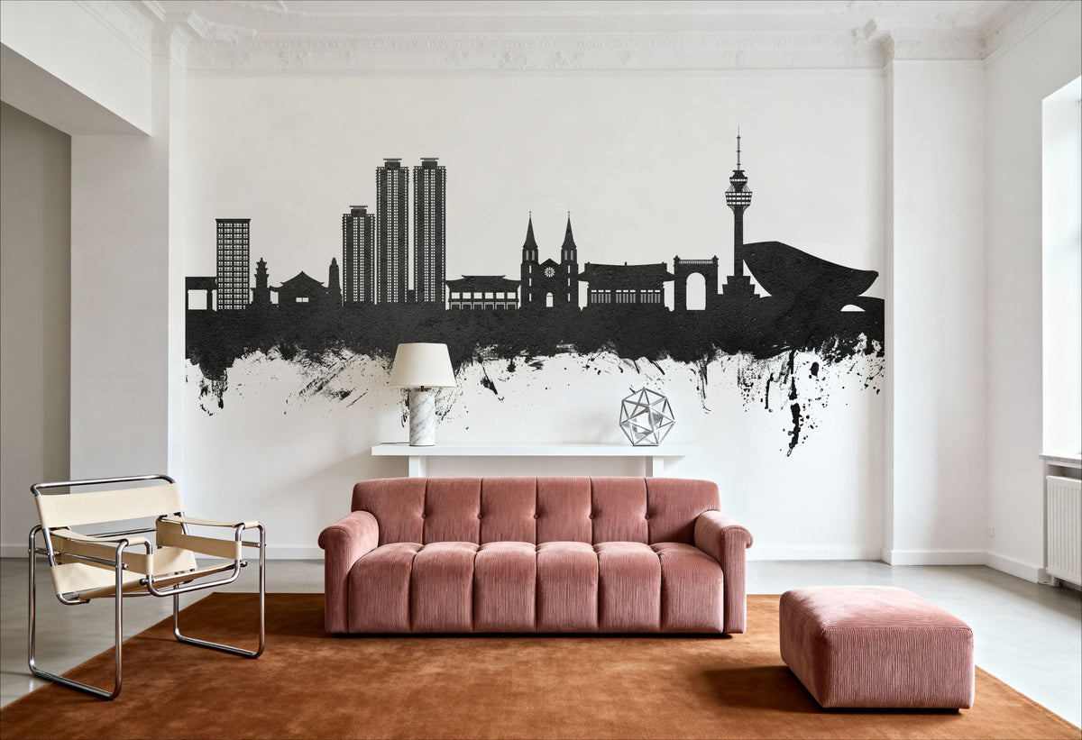 Daegu South Korea Skyline Black & White Mural Wallpaper - room preview 03