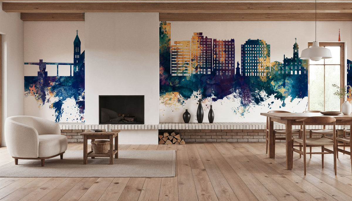 Portland Maine Skyline Blue & Bronze Mural Wallpaper - room preview 03