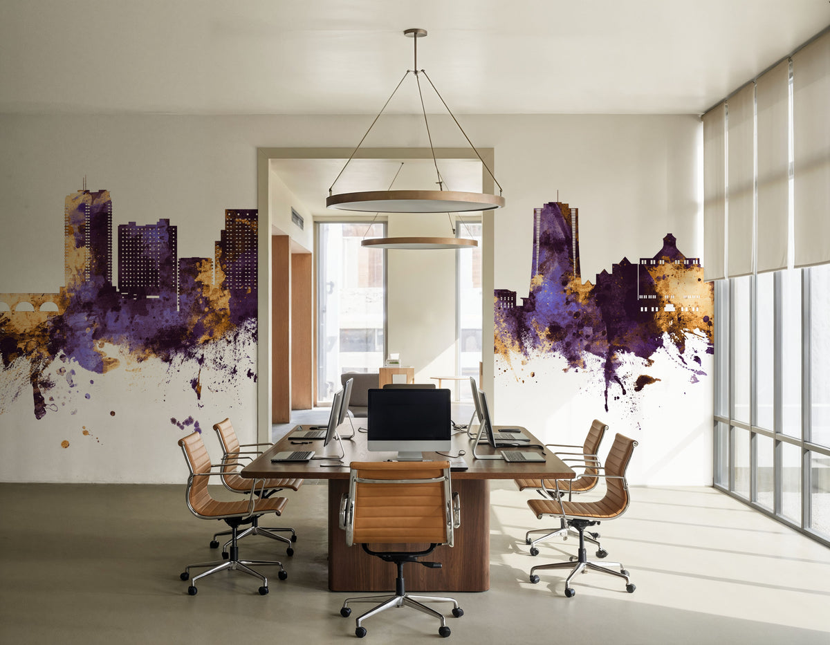 Stamford Connecticut Skyline Purple & Gold Mural Wallpaper - room preview 03