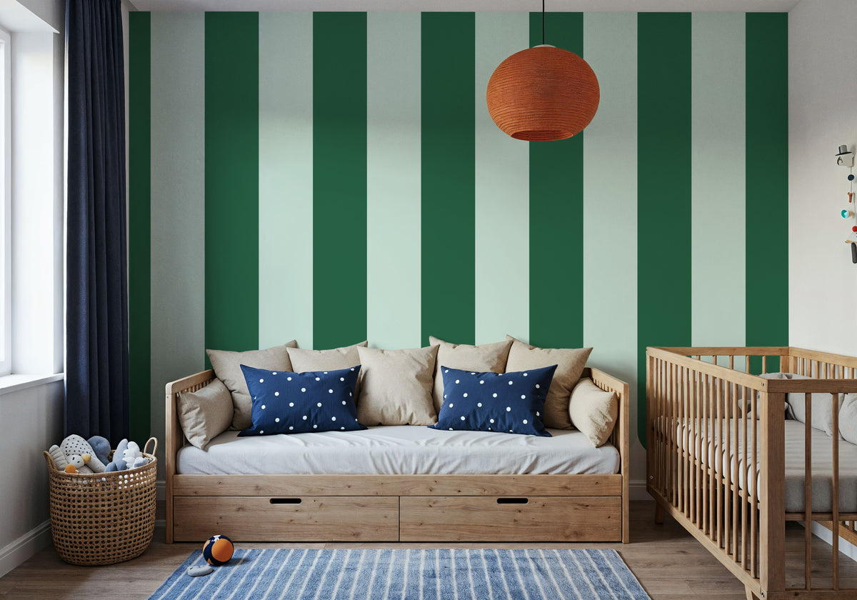 Scalloped Circus Stripes, Green on Green Mural Wallpaper - room preview 03