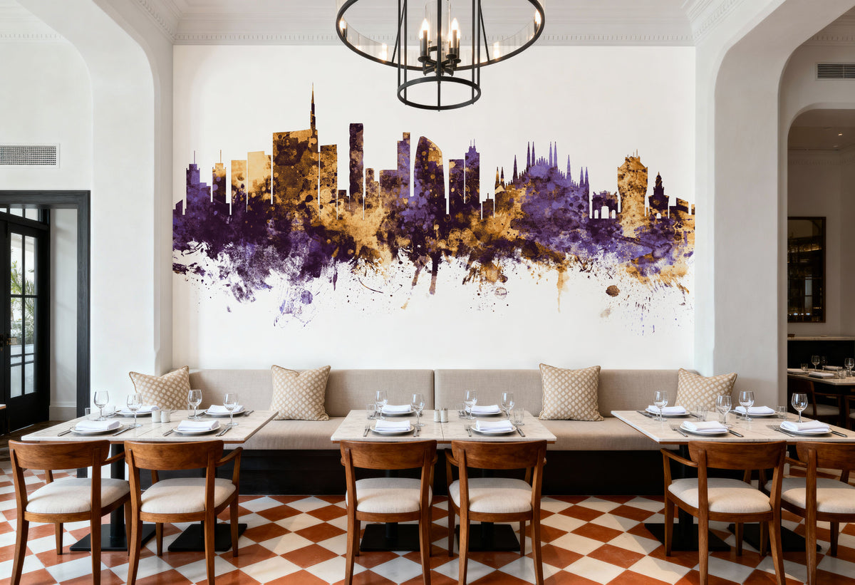 Milan Italy Skyline Purple & Gold Mural Wallpaper - room preview 03