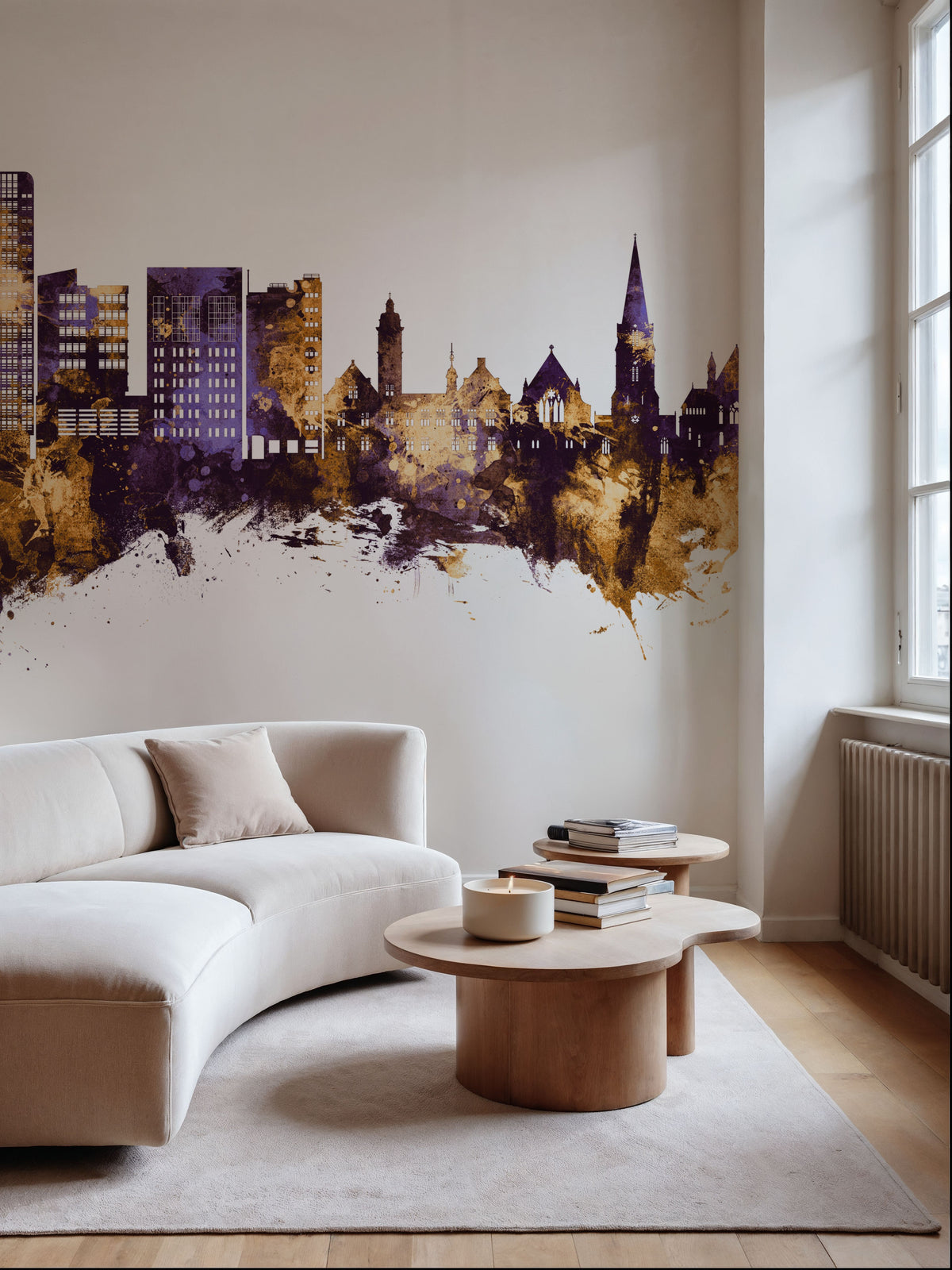 Swindon England Skyline Purple & Gold Mural Wallpaper - room preview 03