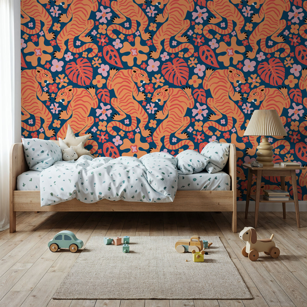 Otomi Cool Tigers, Orange & Navy Mural Wallpaper - room preview 03