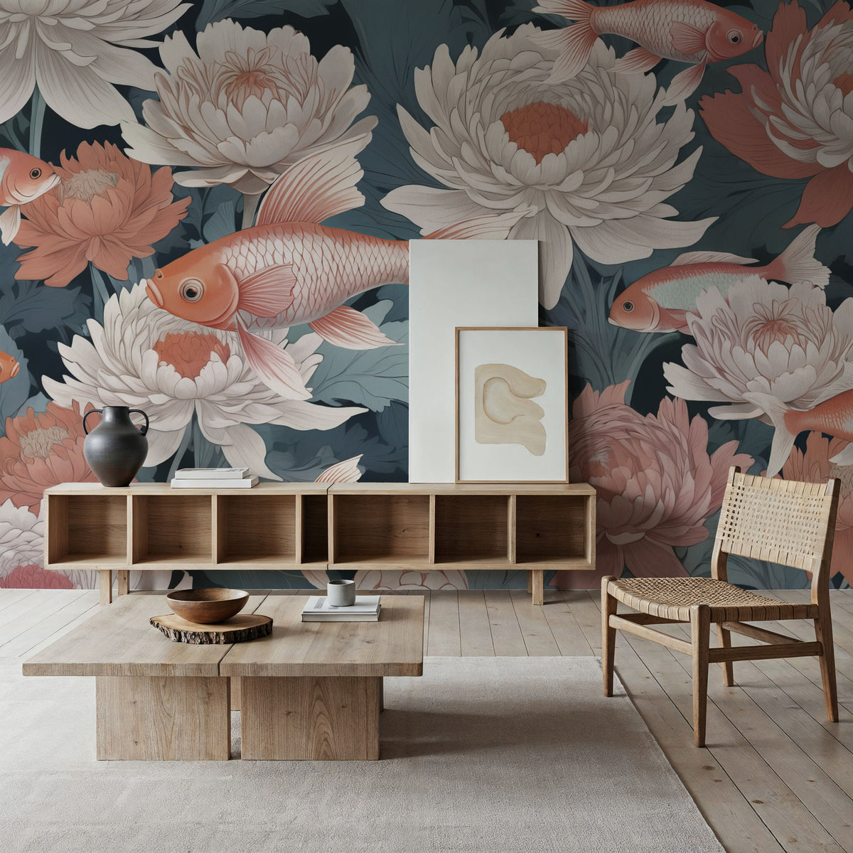 Dancing Fish, Peach on Teal Mural Wallpaper - room preview 03