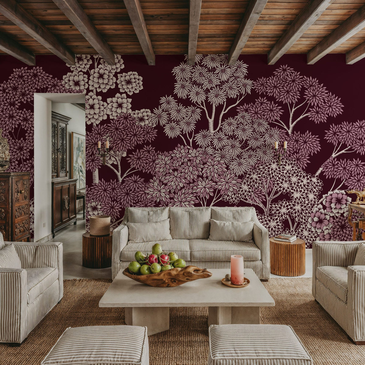 Overleaf Woodland, Burgundy Mural Wallpaper - room preview 03