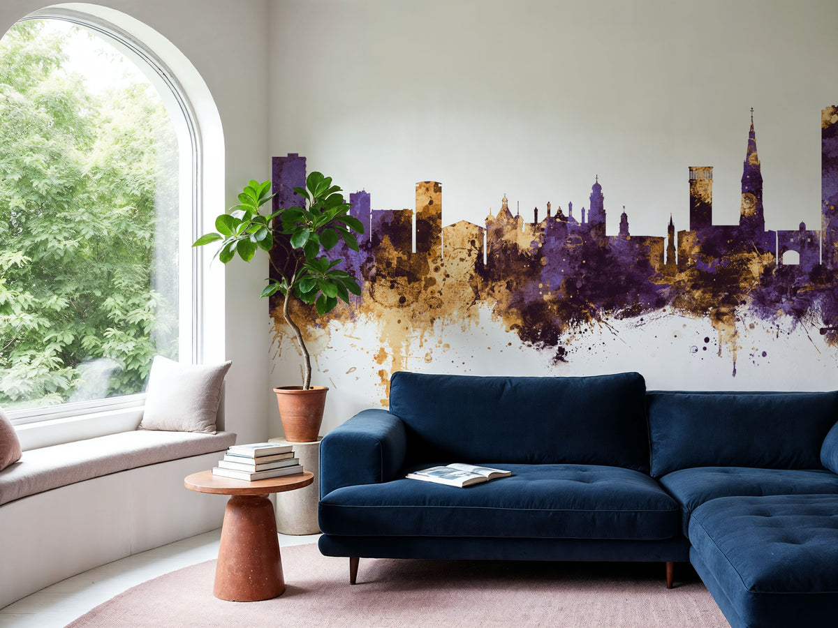 Leicester England Skyline Purple & Gold Mural Wallpaper - room preview 03