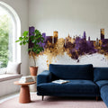 Leicester England Skyline Purple & Gold Mural Wallpaper - room preview 03