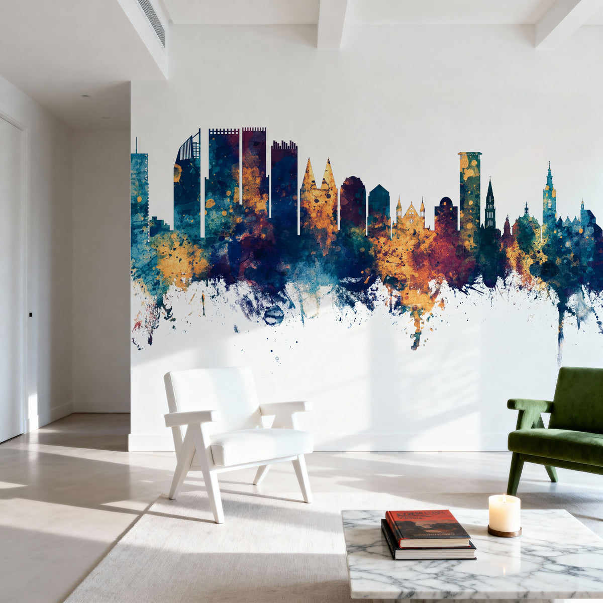 The Hauge Netherlands Skyline Blue & Bronze Mural Wallpaper - room preview 03