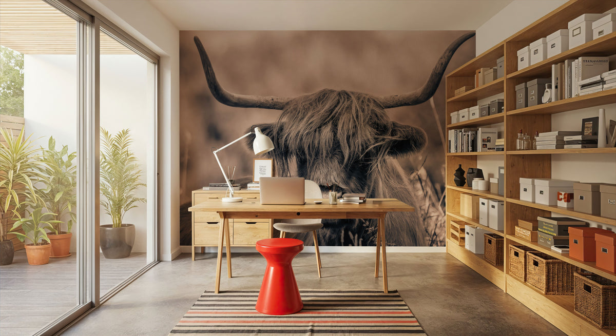 Highland Meadow Portrait Sepia Mural Wallpaper - room preview 03