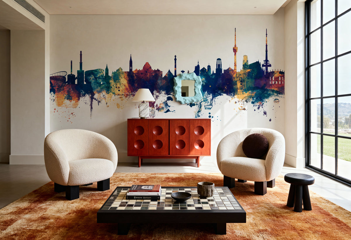 Stuttgart Germany Skyline Blue & Bronze Mural Wallpaper - room preview 03