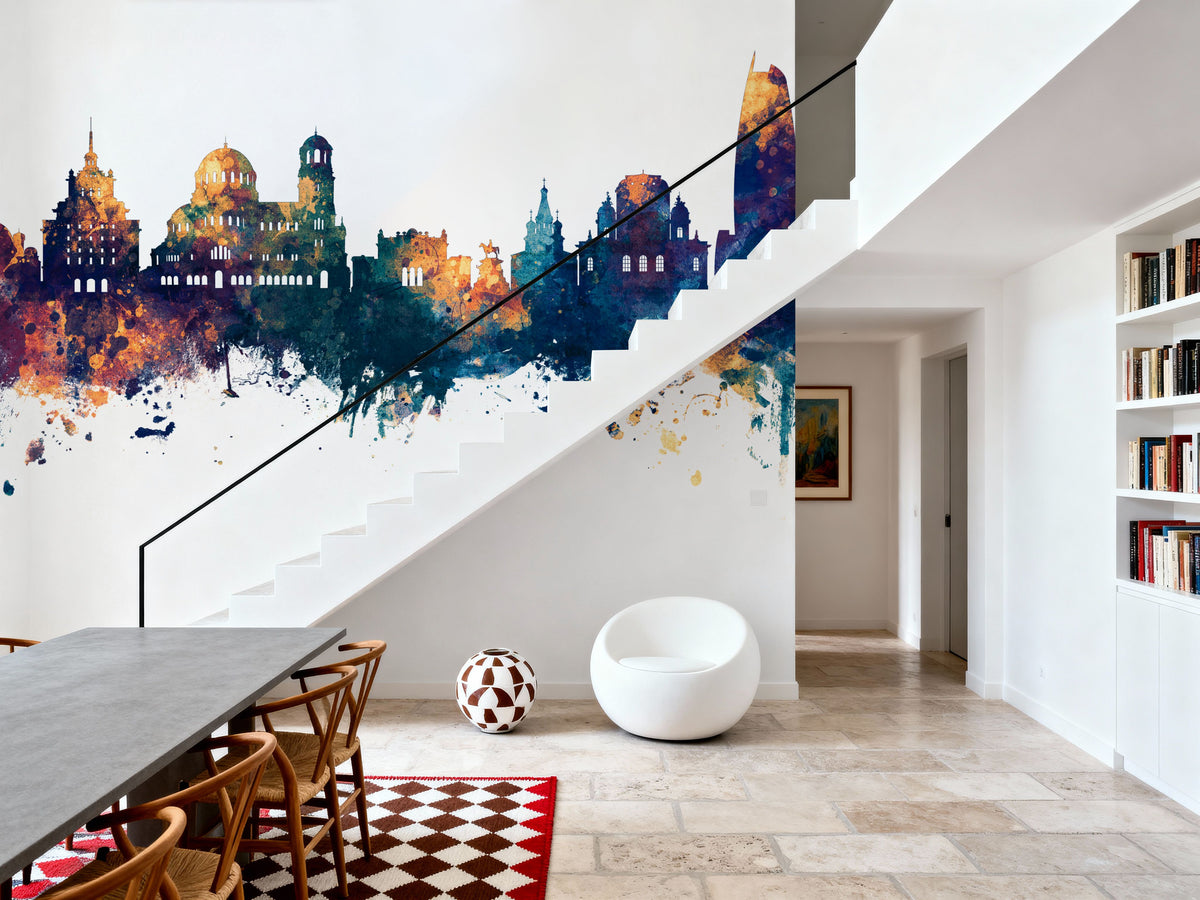 Sofia Bulgaria Skyline Blue & Bronze Mural Wallpaper - room preview 03