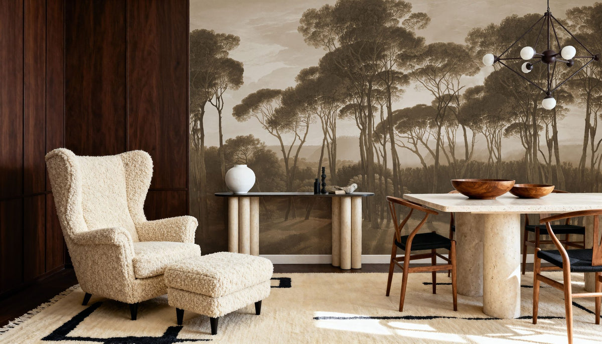 Mediterranean Pine Landscape, Sepia Mural Wallpaper - room preview 03