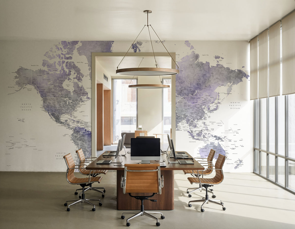 World Map Cities - Lilas Mural Wallpaper - room preview 03