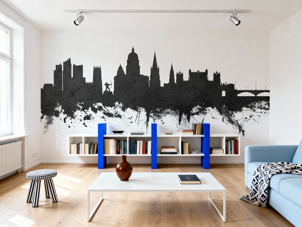 Nottingham England Skyline Black & White Mural Wallpaper - room preview 03