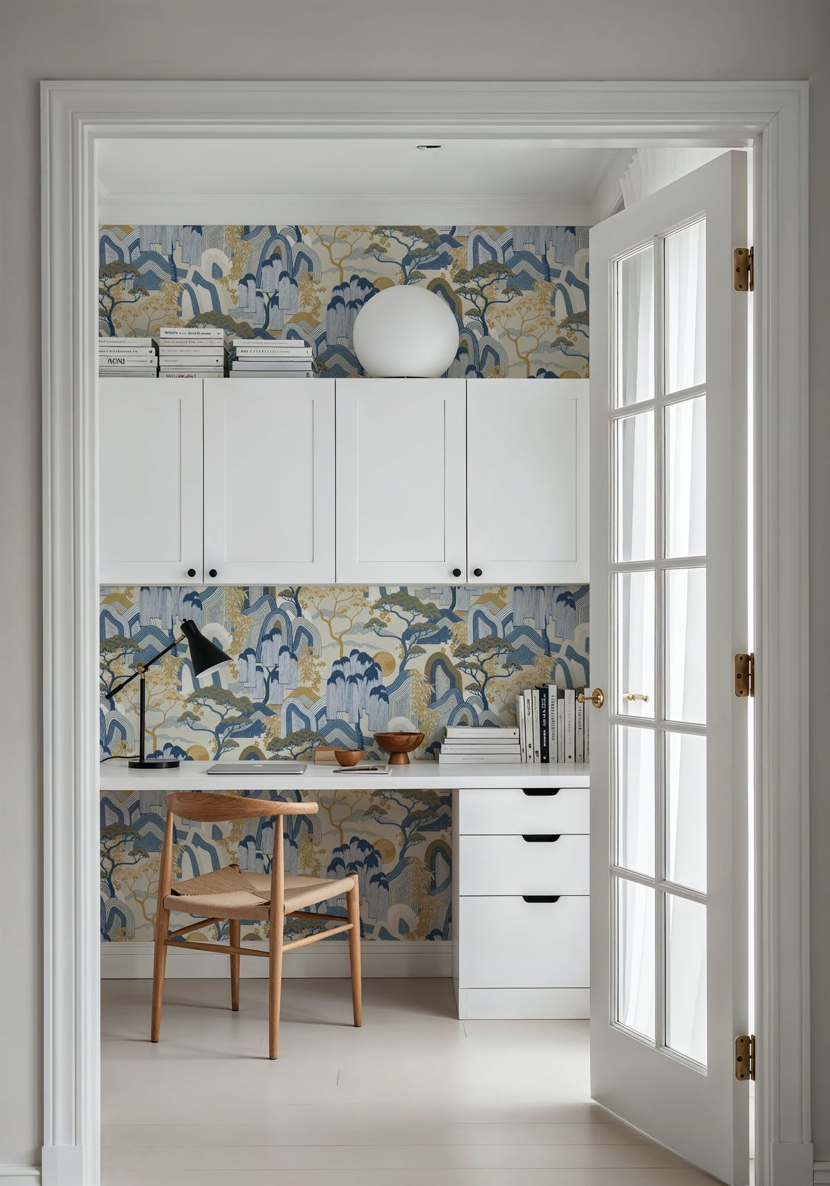 Whispers of the Mountain Pattern, White Mural Wallpaper - room preview 03