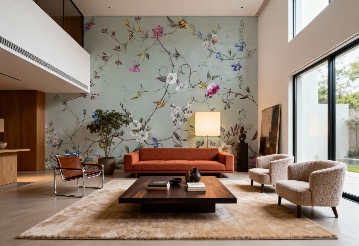 Floral Heaven, Vibrant on Sage Mural Wallpaper - room preview 03