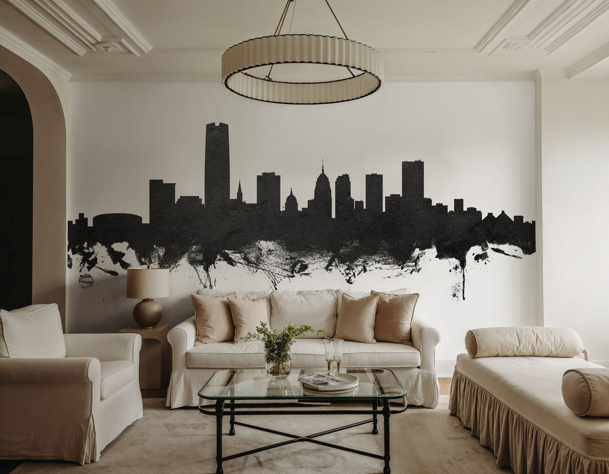 Oklahoma City Skyline Black & White Mural Wallpaper - room preview 03
