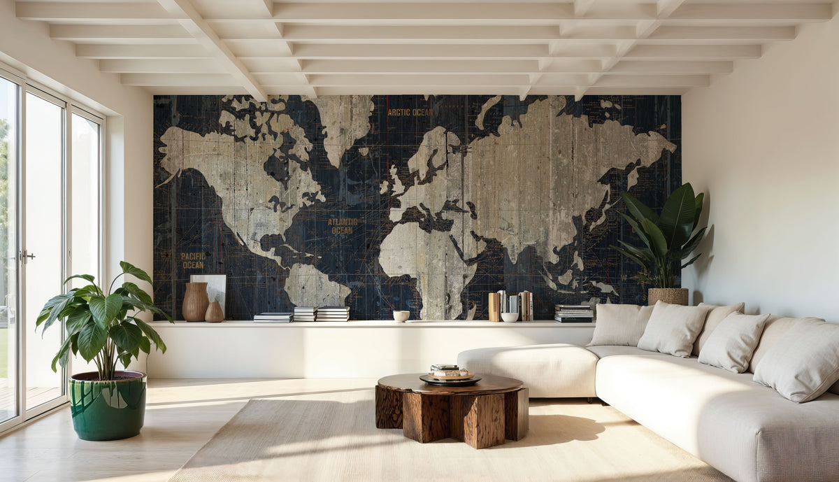 Old World Map Blue V2 Mural Wallpaper - room preview 03