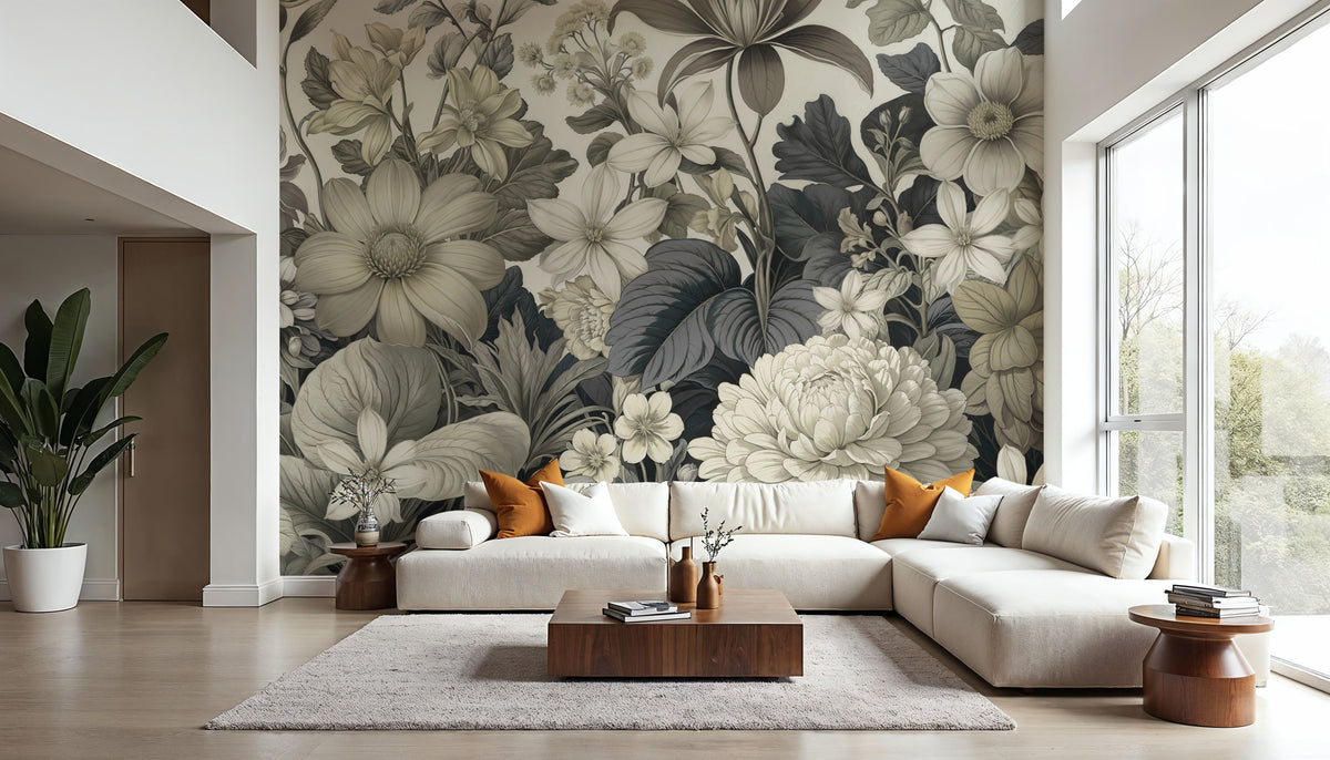 Dahlia Days, Beigy Lime Mural Wallpaper - room preview 03
