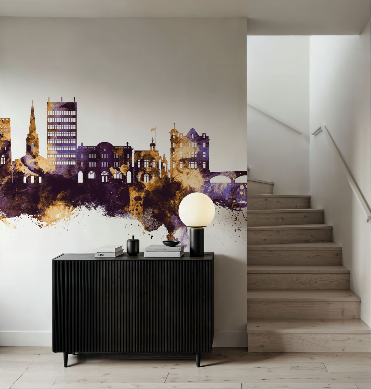 Maidstone England Skyline Purple & Gold Mural Wallpaper - room preview 03