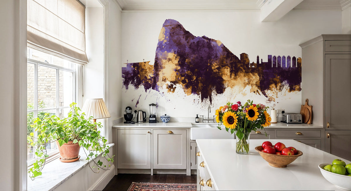 Gibraltar Skyline Purple & Gold Mural Wallpaper - room preview 03