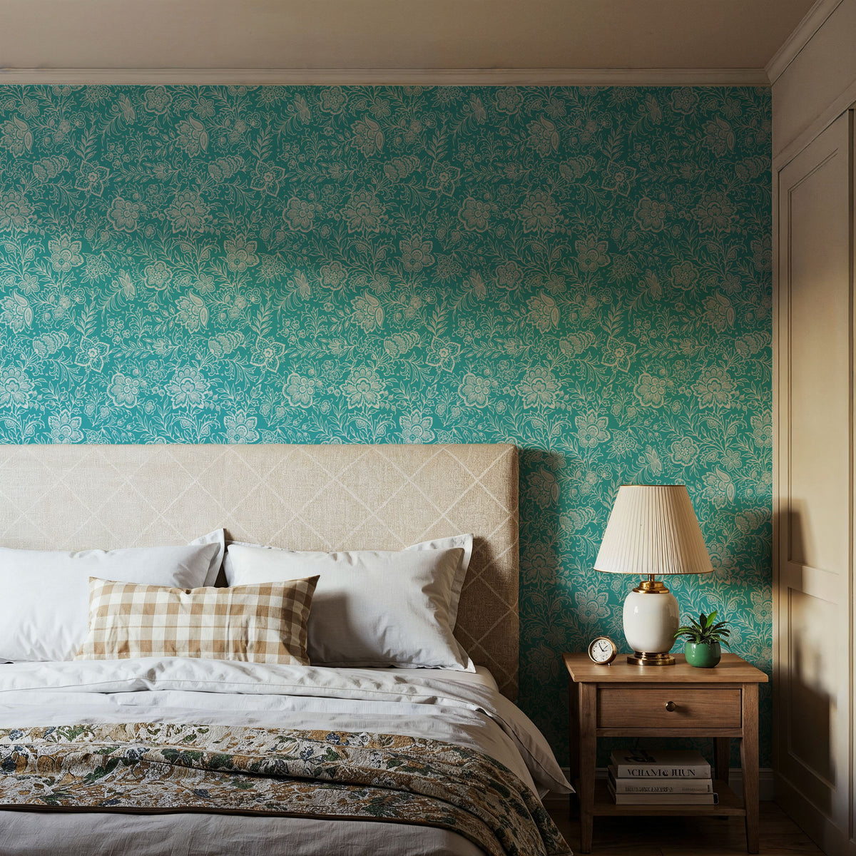 Kala Flowers White on Turqouise Mural Wallpaper - room preview 03