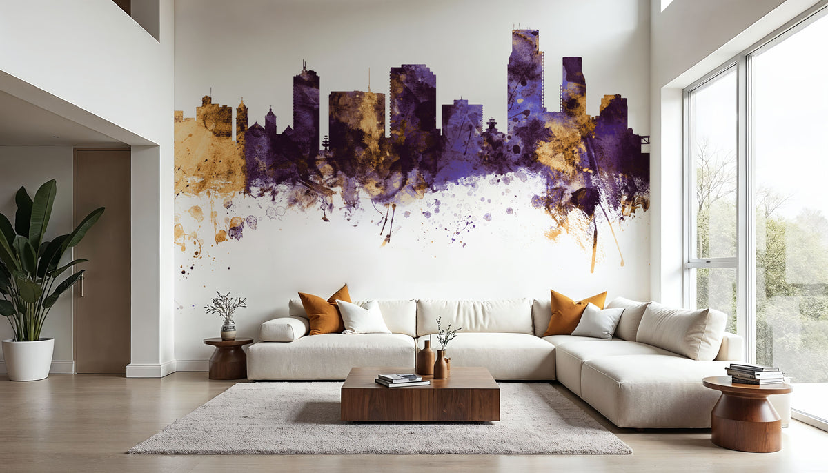 Corpus Christi Texas Skyline Purple & Gold Mural Wallpaper - room preview 03