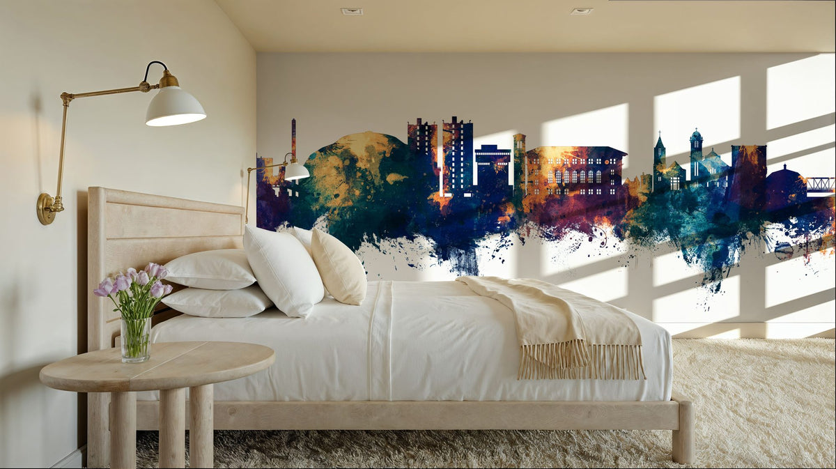 Cedar Falls Iowa Skyline Blue & Bronze Mural Wallpaper - room preview 03