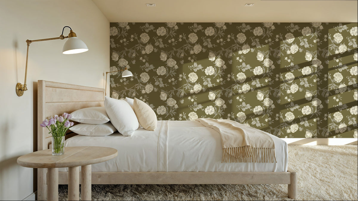 Peony Passion, Khaki Mural Wallpaper - room preview 03