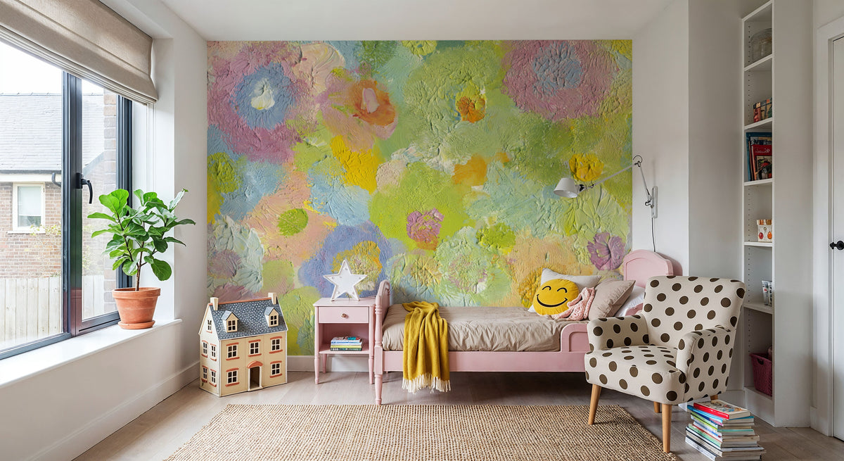 Happy Oil Painted Flowers, Green & Yellow Mural Wallpaper - room preview 03