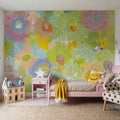 Happy Oil Painted Flowers, Green & Yellow Mural Wallpaper - room preview 03