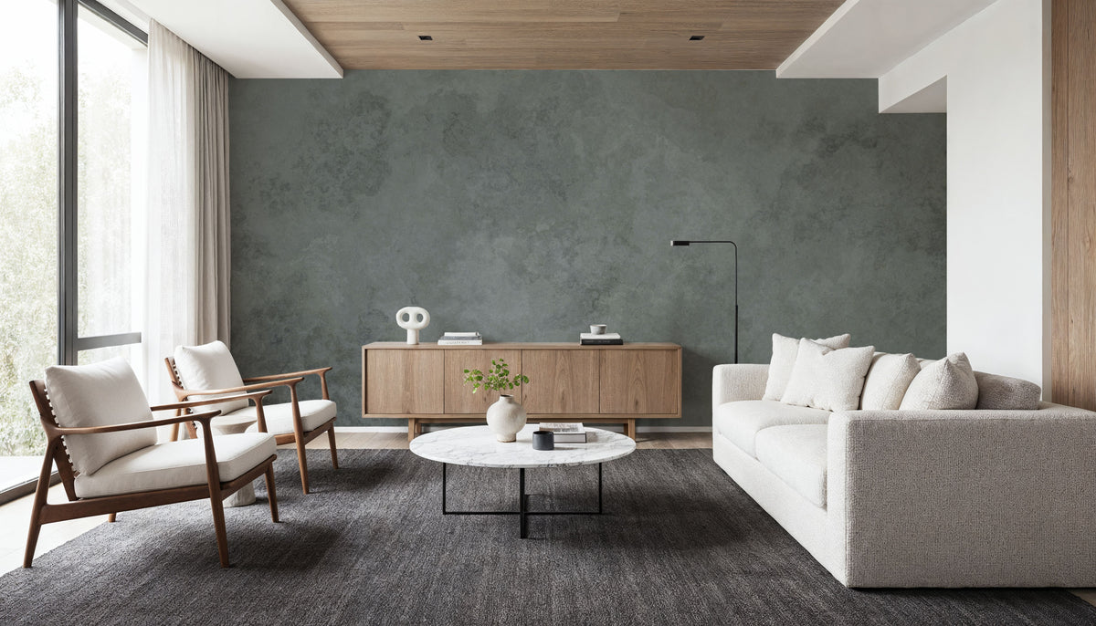 Subtle Plaster Wall, Dark Green Mural Wallpaper - room preview 03