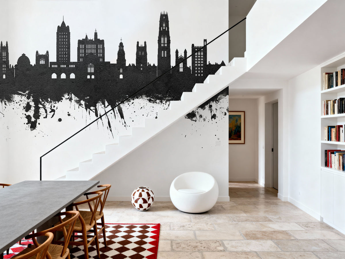New Haven Connecticut Skyline Black & White Mural Wallpaper - room preview 03