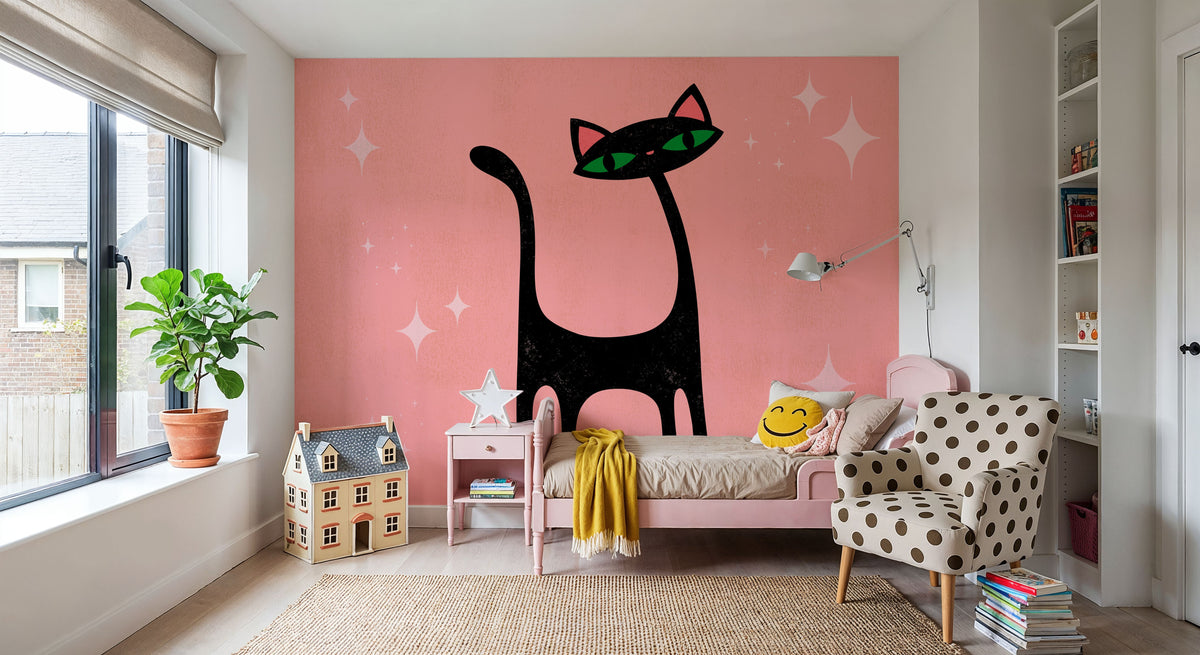 Retro Cat, Pink Mural Wallpaper - room preview 03