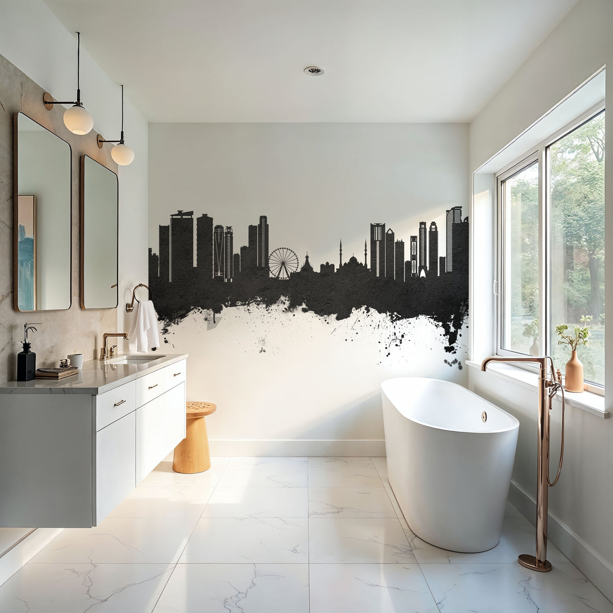 Sharjah Skyline Black & White Mural Wallpaper - room preview 03