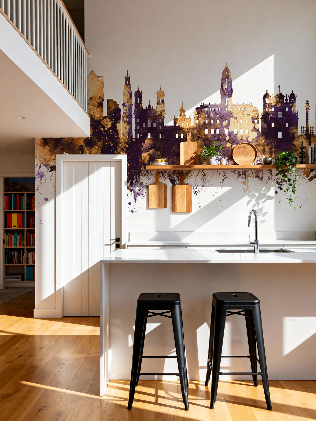 Porto Portugal Skyline Purple & Gold Mural Wallpaper - room preview 03