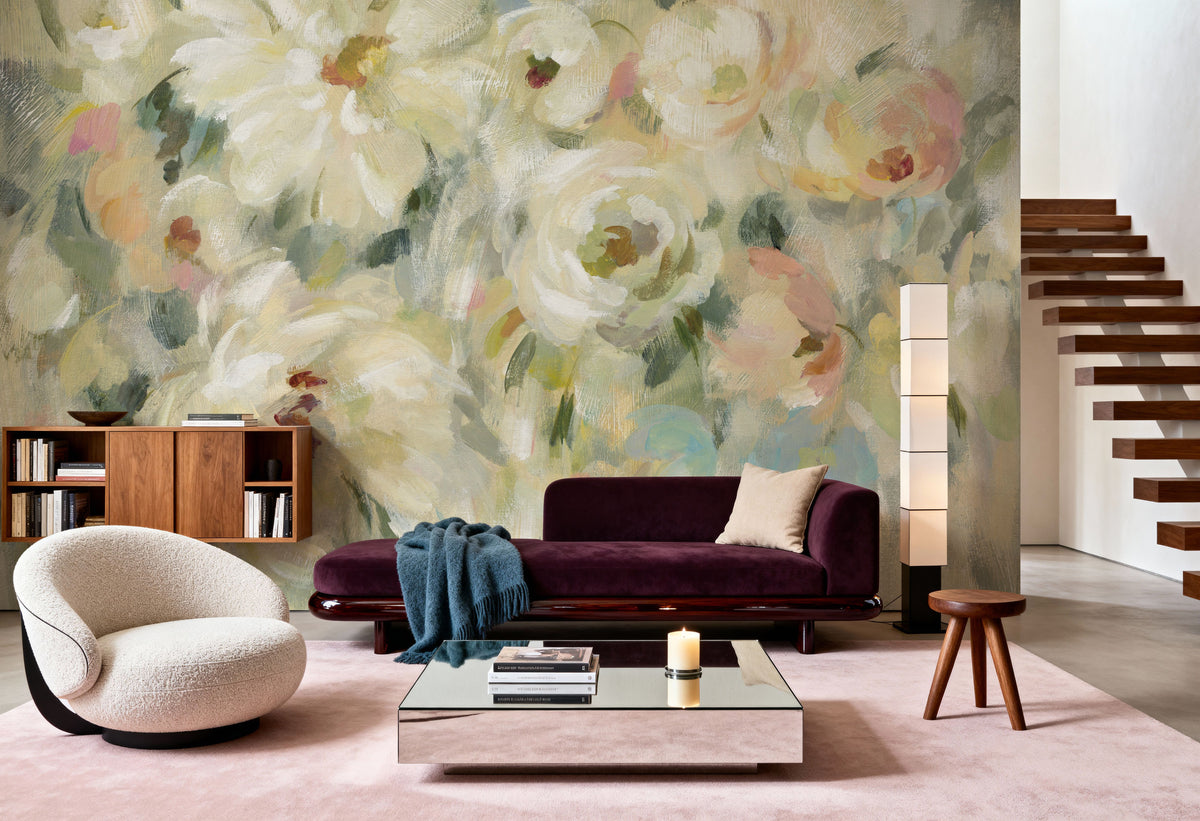 Expressive Pale Floral Mural Wallpaper - room preview 03