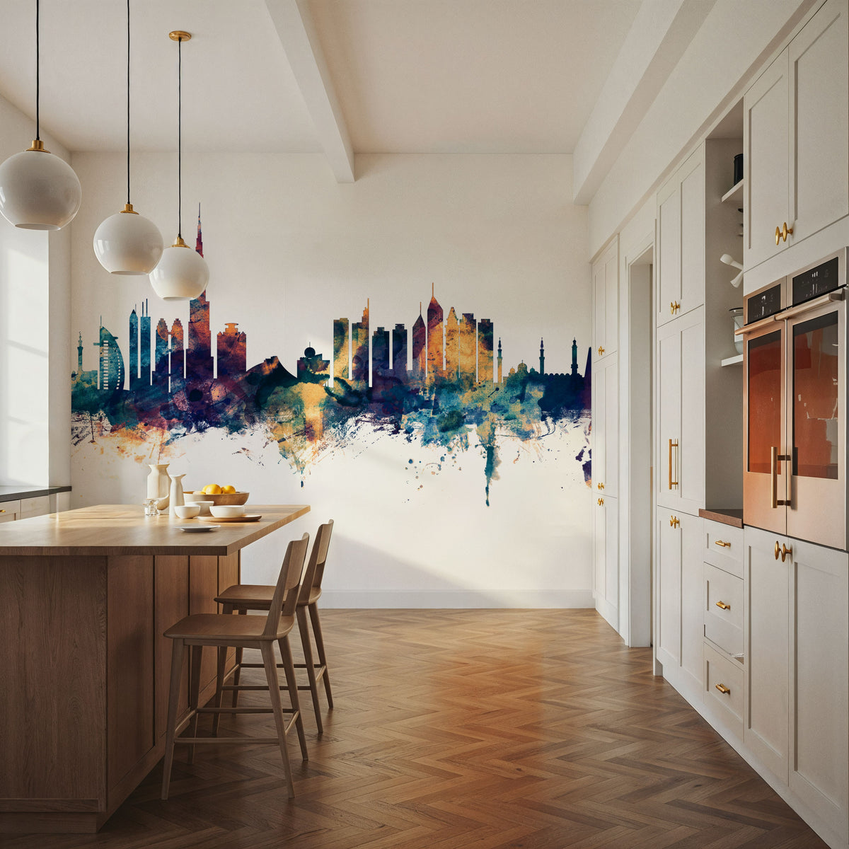Dubai Skyline Blue & Bronze Mural Wallpaper - room preview 03