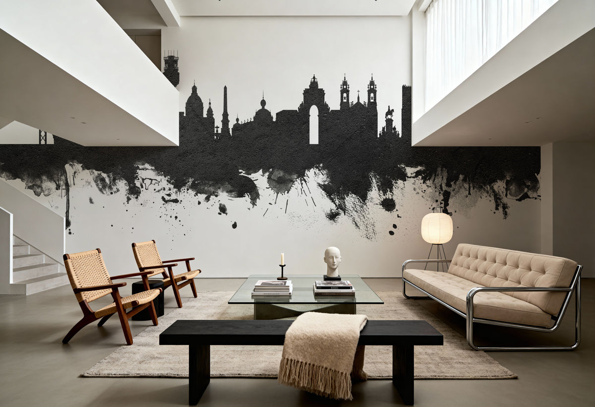 Lisbon Portugal Skyline Black & White Mural Wallpaper - room preview 03
