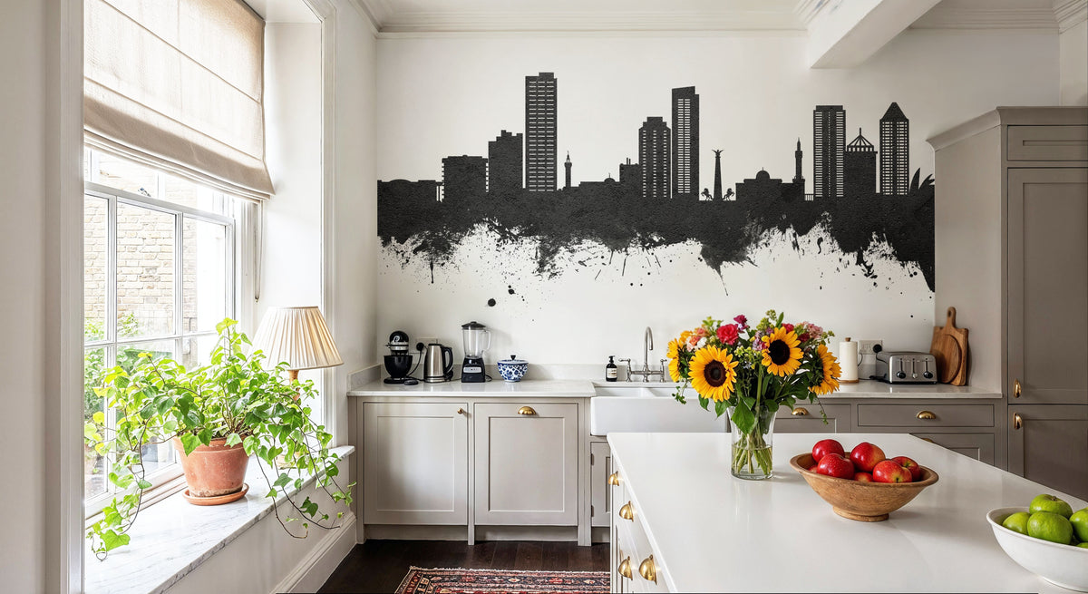 Umm Al Quwain Skyline Black & White Mural Wallpaper - room preview 03