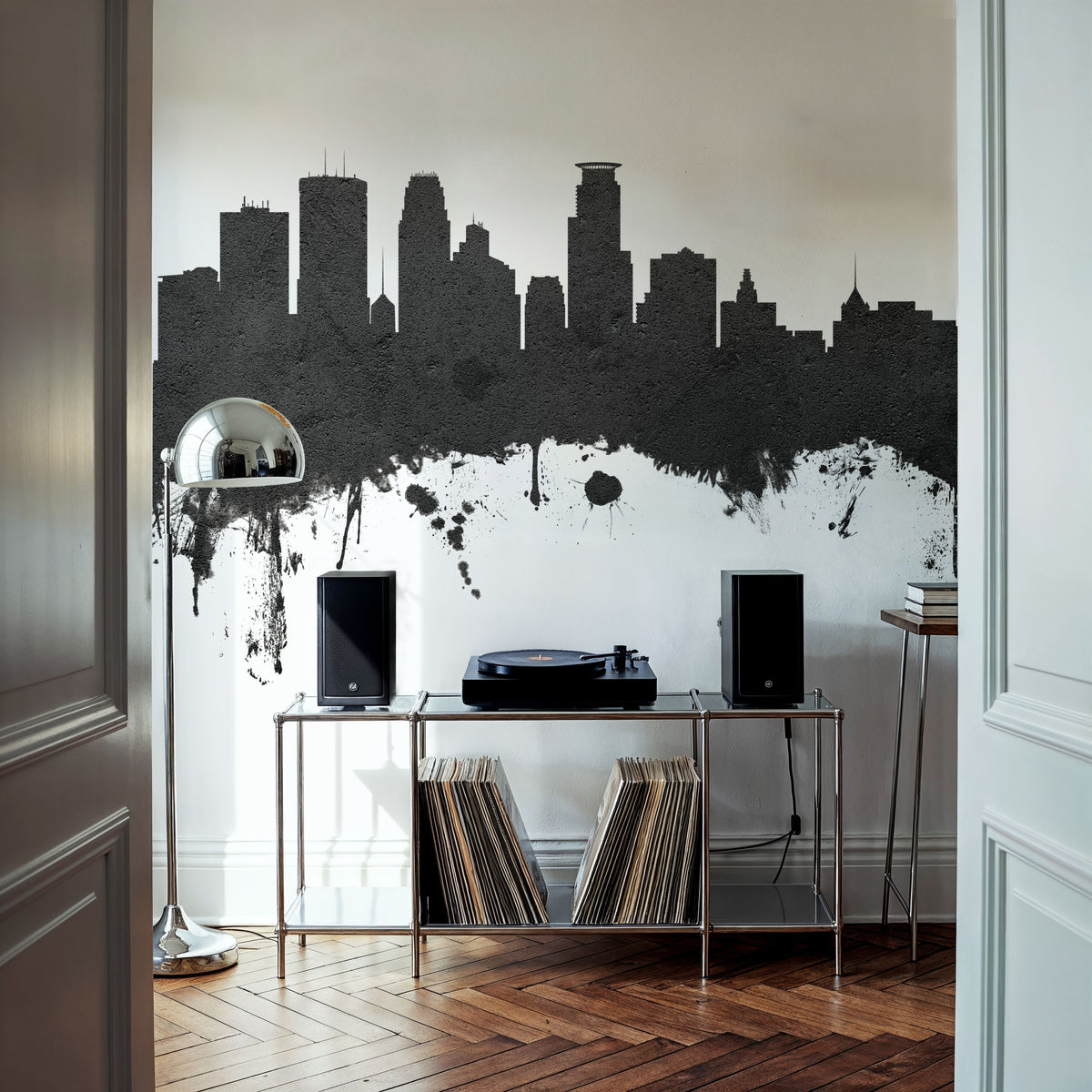 Minneapolis Minnesota Skyline Black & White Mural Wallpaper - room preview 03