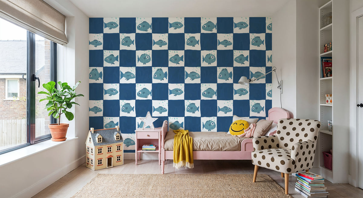 Fish Checkers, Blue Mural Wallpaper - room preview 03