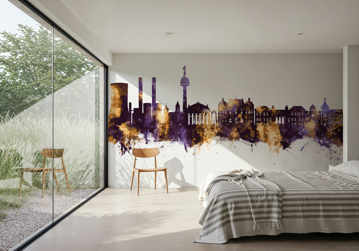 Galaţi Romania Skyline Purple & Gold Mural Wallpaper - room preview 03