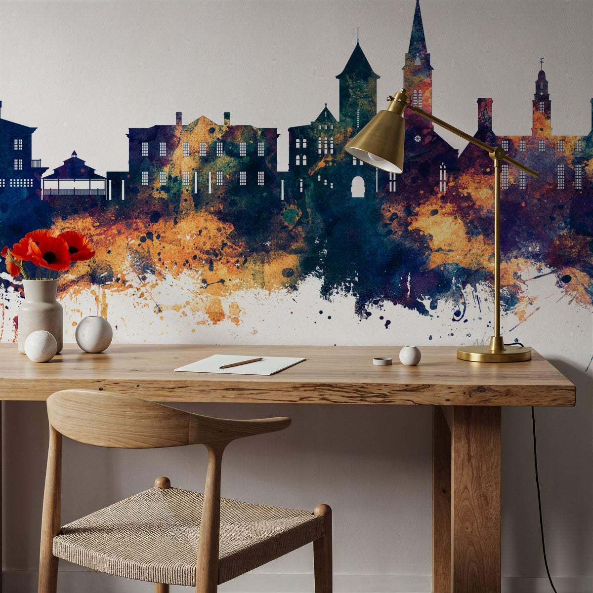 New Bern North Carolina Skyline Blue & Gold Mural Wallpaper - room preview 03