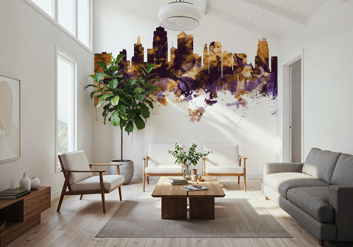 Kansas City Missouri Skyline Purple & Gold Mural Wallpaper - room preview 03