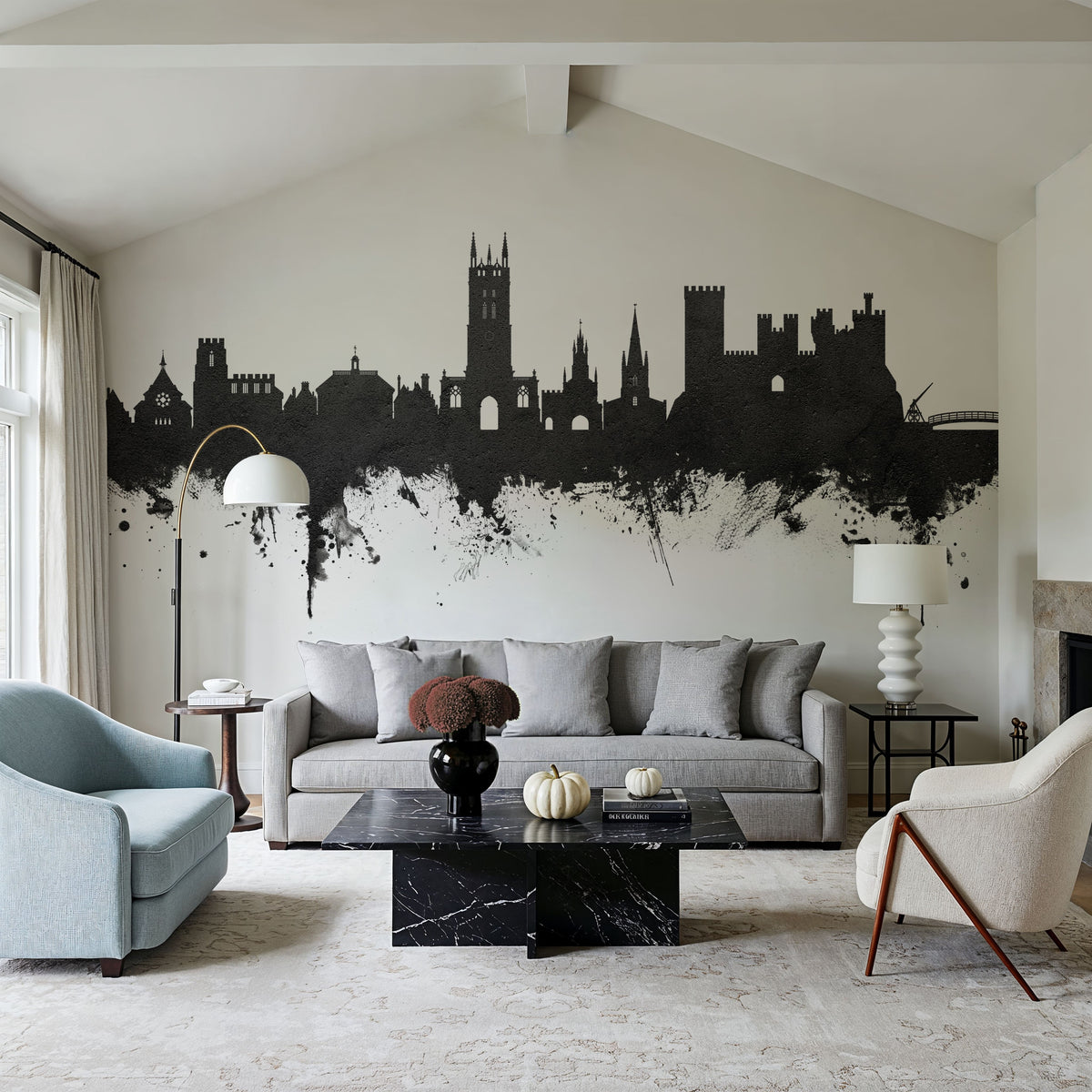 Warwick England Skyline Black & White Mural Wallpaper - room preview 03